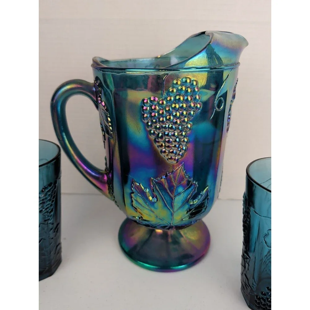 Blue Carnival Glass Harvest Grape Iridescent Pitcher & Tumblers Set 4 Piece Vtg